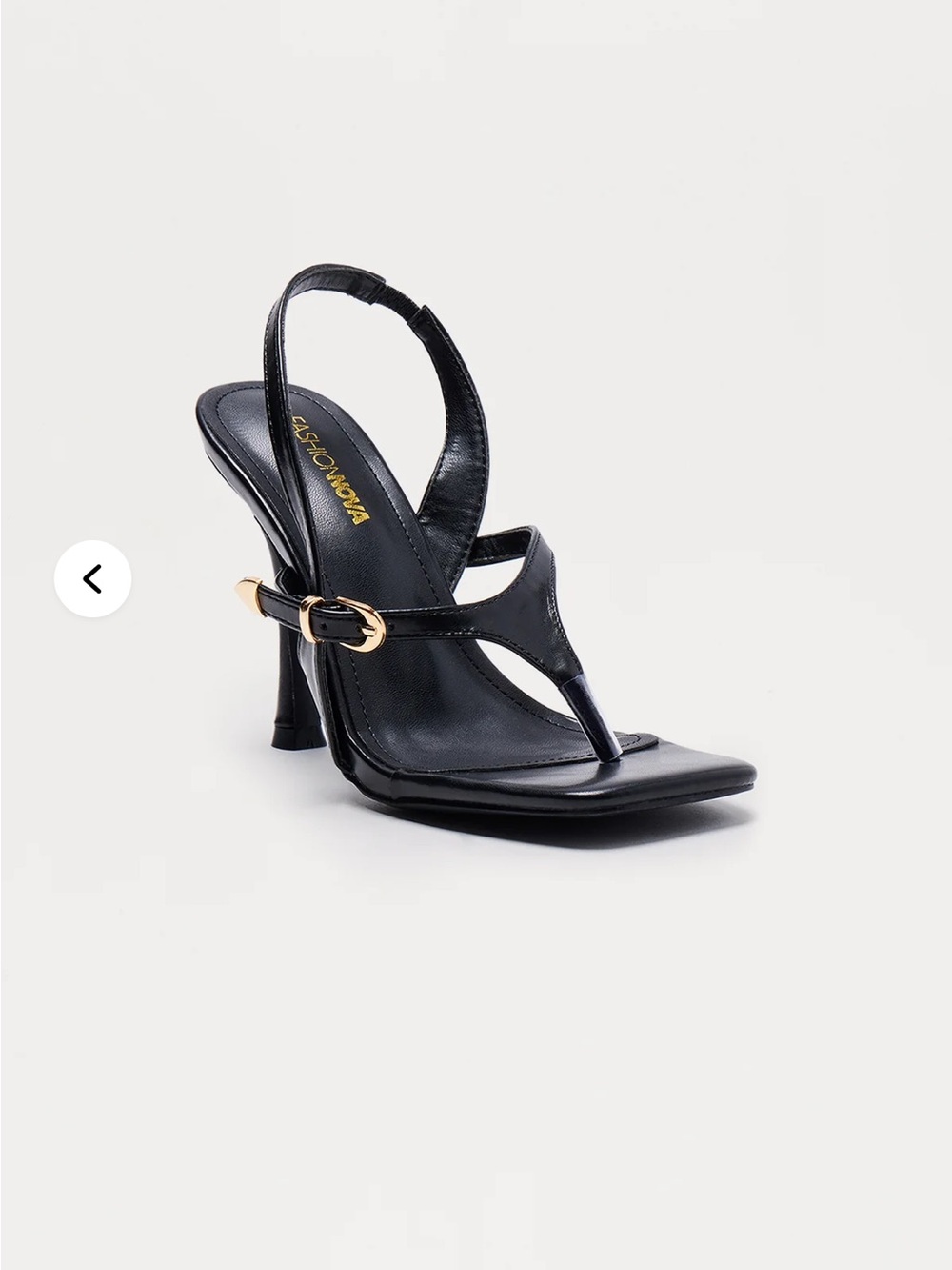 Fashion Nova Black Slingback Thong Heel with Gold Buckle